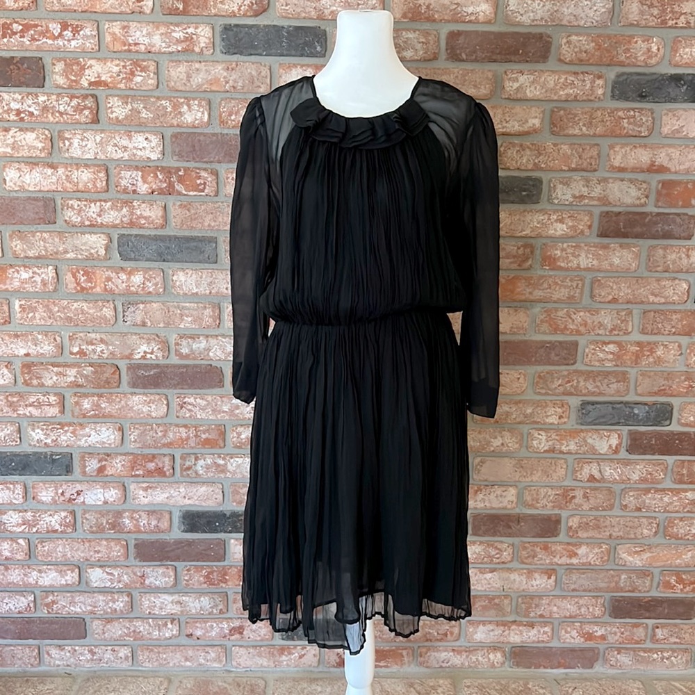 FRENCH CONNECTION Size 6 100% Silk Lined Black Crepe Ruffle Dress Long Sleeves